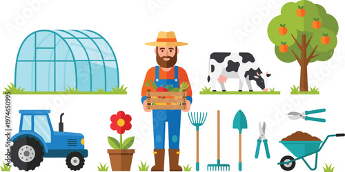 Farm Life Illustration with Farmer, Animals, Equipment, and Crops for Agriculture, Rural, and Farming Design Projects
