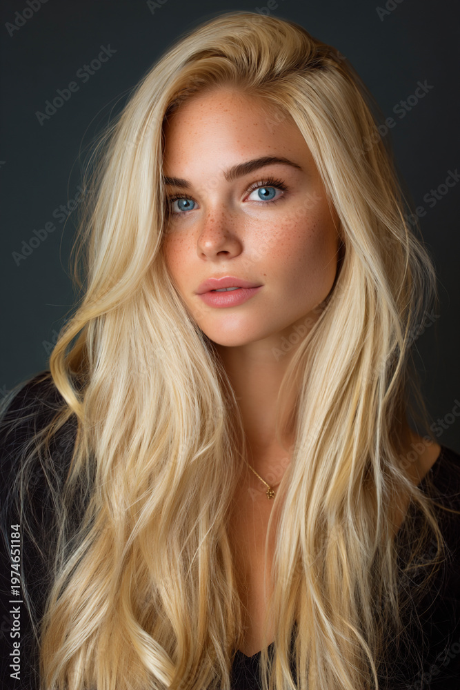 Naklejka premium clean blonde influencer portrait with cinematic studio lighting, young female model with blue eyes and long styled hair in modern photoshoot, fashionable social media influencer 