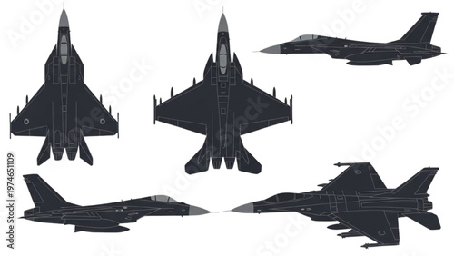 Vector CAD design of various fighter jets in different angles and positions