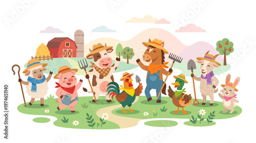 Cute Farm Animals Cartoon Characters on a Sunny Day with Barn and Hills