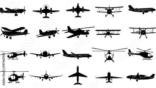 Vector CAD design of various airplanes and helicopters in flight.