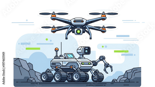 Vector CAD design of a robotic rover with drone flying above on a planet