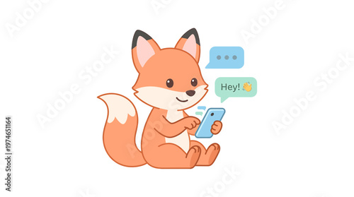 Cute cartoon fox using smartphone, sending messages, cute animal illustration