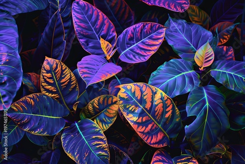 Colorful tropical leaf pattern forming a vibrant and dense foliage background