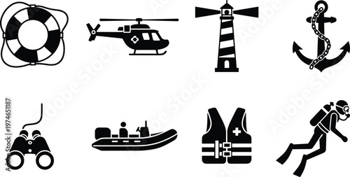 Eight maritime rescue and navigation icons including life preserver, helicopter, lighthouse, anchor, binoculars, rescue boat, life jacket, scuba diver