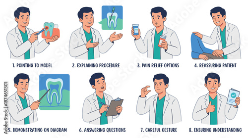 Dentist Character Set Demonstrating Medical Dental Care Poses and Patient Engagement Activities