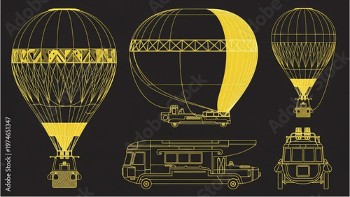 Vector CAD design features hot air balloons and buses in a graphic