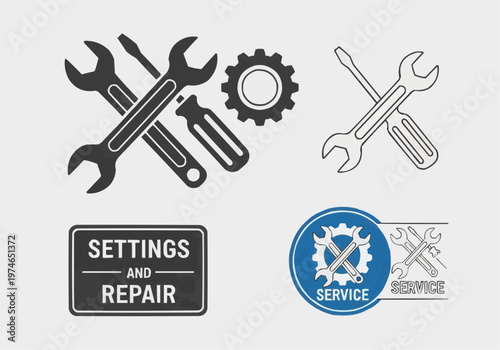 Tools and Service Icons Set Vector – Wrench, Screwdriver, Gear Settings Repair Glyph Icons Collection
