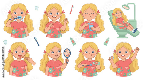 Character Set Young Girl's Dental Care, Oral Hygiene, Healthcare Poses & Activities