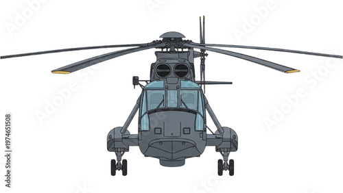 Vector CAD design of a gray helicopter with rotors flying high