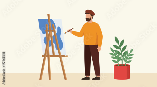 Man painting on an easel indoors.