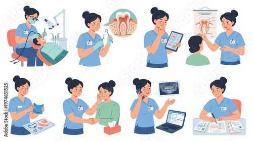 Comprehensive Dental Care and Healthcare Activities Medical Poses and Patient Illustrations