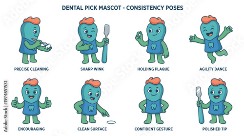 Cheerful Dental Character Set Mascot Poses Illustrating Oral Healthcare and Hygiene Activities