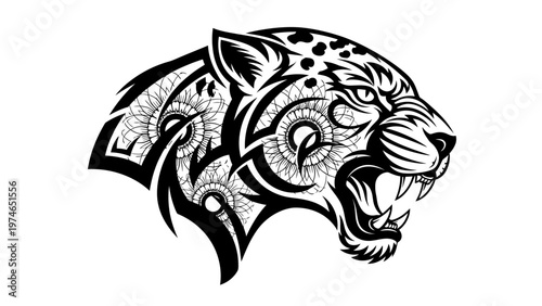 Tribal Jaguar Head Tattoo Design - Fierce Big Cat Roaring, Black and White
