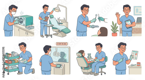 Character Set Illustrating Dental Care Professionals Healthcare Poses, Medical Procedures & Patient Services