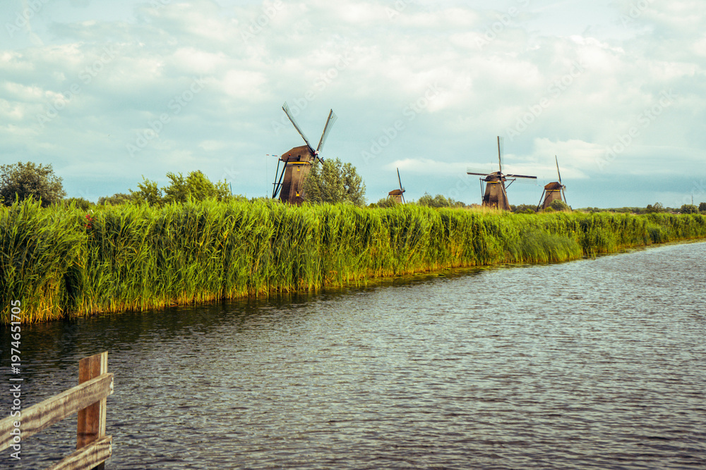 Fototapeta premium Authentic stone windmills of Kinderdijk over the water