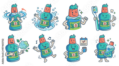 Vibrant Mouthwash Mascot Poses Set for Dental Care, Oral Hygiene, and Healthcare Activities