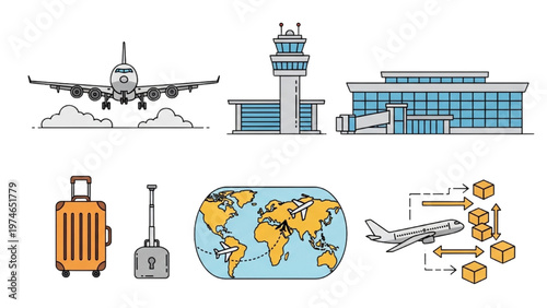 Vector CAD design illustrates travel with airplane, luggage, and global map