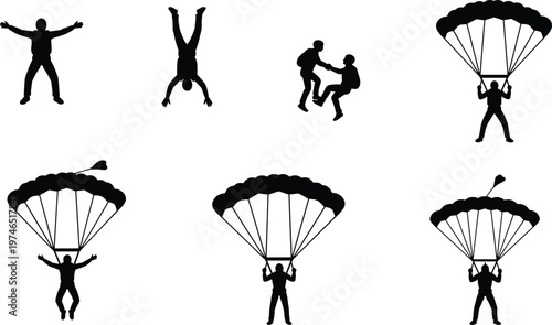 Six skydiver silhouettes in free fall and parachute descent, extreme sport illustration, skydiving stages, adventure concept, controlled aerial movement drawing