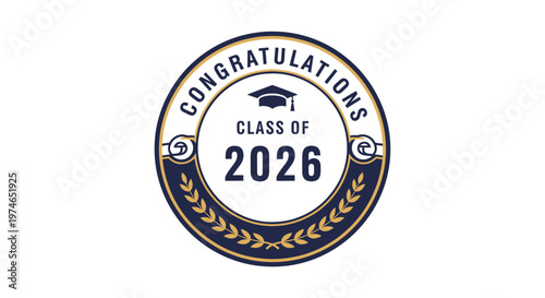 Graduation announcement badge with class year 2026 and celebratory design for academic achievement recognition