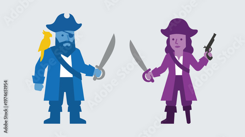 Pirate cartoon characters with swords and guns.