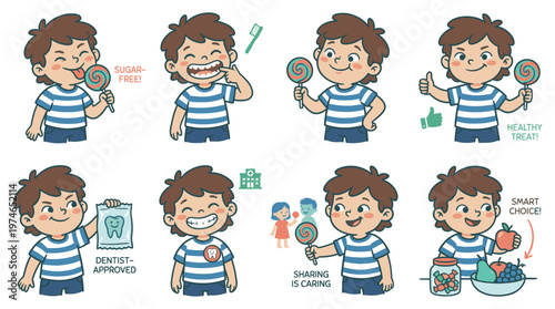 Young boy set illustrating dental care, healthcare, medical advice, poses and activities