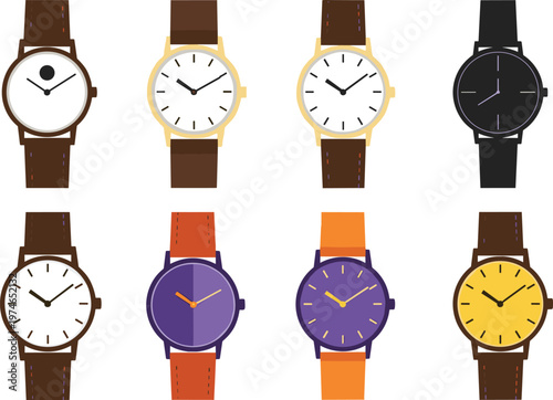 Collection of Elegant Watches with Leather Bands and Minimalist Faces for Fashion, Timepiece, and Accessory Design Projects