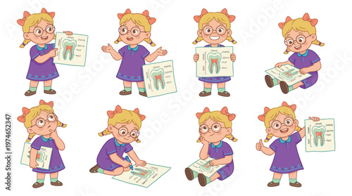 Cute Child Character Set Engaging in Dental Care and Oral Healthcare Medical Education Poses