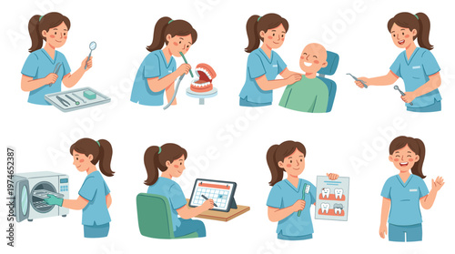 Comprehensive dental care healthcare medical activities collection featuring diverse poses