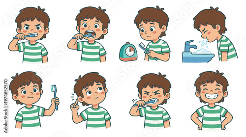 Boy's Dental Hygiene Character Set Daily Oral Care Poses and Healthcare Activities Collection for Kids