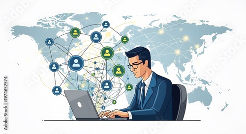 Professional Man Working on Laptop with Global Network Connections