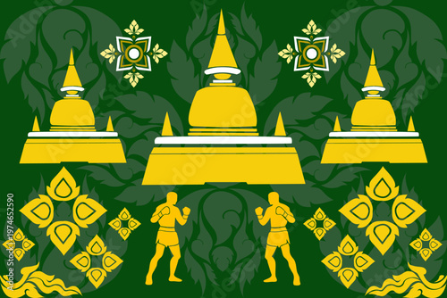Thai Muay Thai fighters in action with traditional floral pattern background, blending cultural elegance and combat energy in a bold vector design for print, textile, and decorative use.