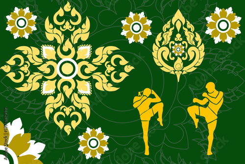 Thai Muay Thai fighters in action with traditional floral pattern background, blending cultural elegance and combat energy in a bold vector design for print, textile, and decorative use.
