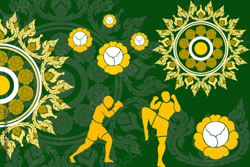 Thai Muay Thai fighters in action with traditional floral pattern background, blending cultural elegance and combat energy in a bold vector design for print, textile, and decorative use.