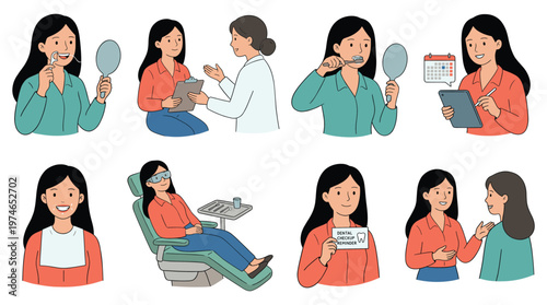 Collection of Diverse Medical Healthcare Poses and Dental Care Activities Illustration Set