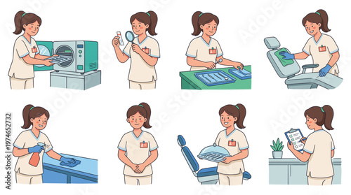 Versatile Character Set Depicting Dental Healthcare Worker Poses and Medical Office Activities