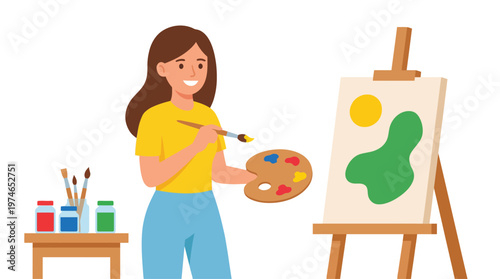 Woman painting on an easel with colorful paints.