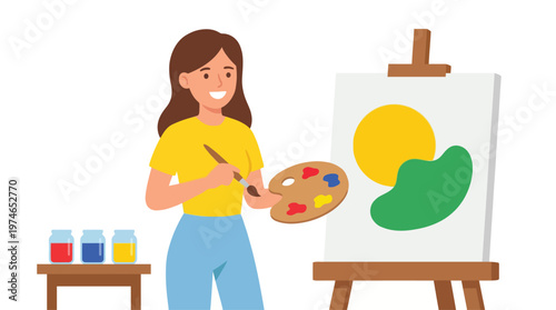 Woman painting on an easel with colorful paints.