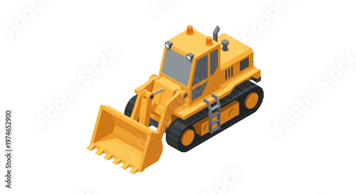 Yellow bulldozer loader with a front bucket and tracks, isometric view, isolated on white background