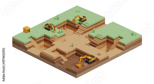 Isometric 3D illustration of excavators digging and constructing a landscape with dirt and grass