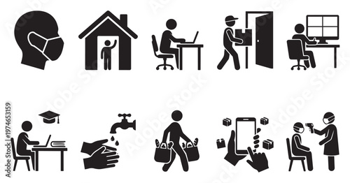 Collection of black and white icons depicting social distancing measures, including wearing masks, remote work, delivery services, hand washing, and temperature checks.