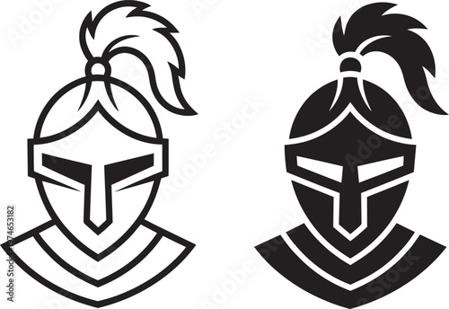 Set of two knight helmet outlines and filled icons for gaming or medieval themes
