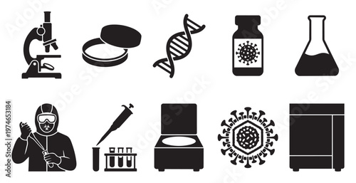 A collection of black silhouette icons representing science and medical research, including a microscope, DNA, virus, and scientist in protective gear.