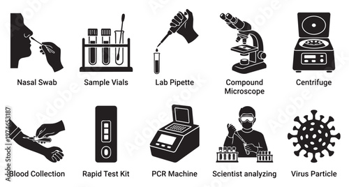 A collection of black and white vector icons representing various medical testing procedures and equipment, including nasal swabs, blood collection, lab instruments and virus particles.