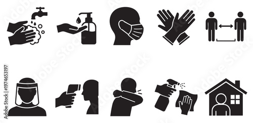 A collection of black and white icons illustrating essential health and safety measures for pandemic prevention, including hand washing, sanitizing, mask wearing, social distancing, and hygiene.
