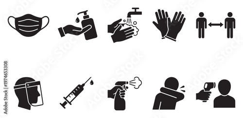 Simple black and white vector icons depicting various health and safety measures for disease prevention, including mask, sanitizer, and social distancing.