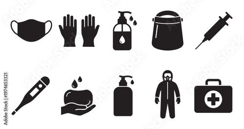 A collection of black silhouette icons representing health and safety equipment, including a face mask, gloves, sanitizer, and protective suit.