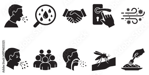 A collection of black and white silhouette icons illustrating various ways diseases can spread, including coughing, germs, handshakes, and mosquitos.