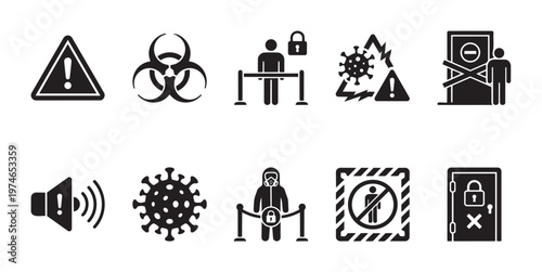 A collection of black and white vector icons depicting warnings, biohazards, restricted access, and safety measures related to a pandemic, such as Covid-19.