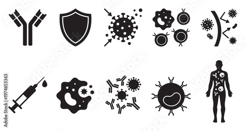 A collection of black and white vector icons representing immunology, viruses, antibodies, immunity, and medical concepts like vaccination and cell defense.